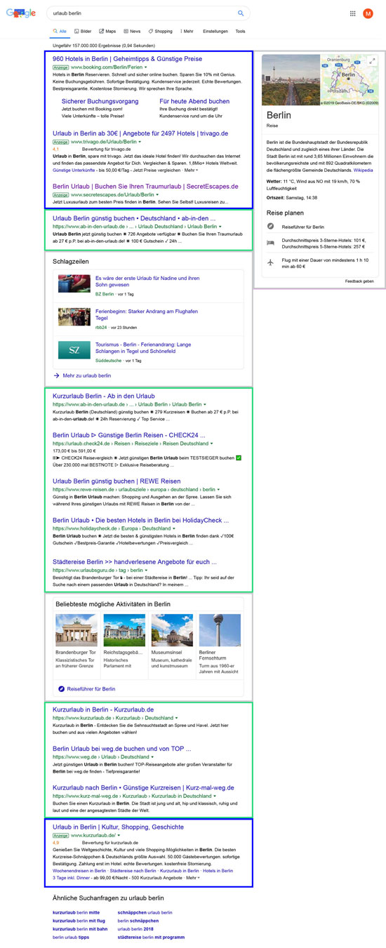 Suchmaschinenmarketing: KMU haben vielfältige Möglichkeiten, um in den Suchergenissen zu erscheinen. Dies wird hier am Beispiel eines Screenshots einer Google-Suche zum Keyword Urlaub Berlin dargestellt.